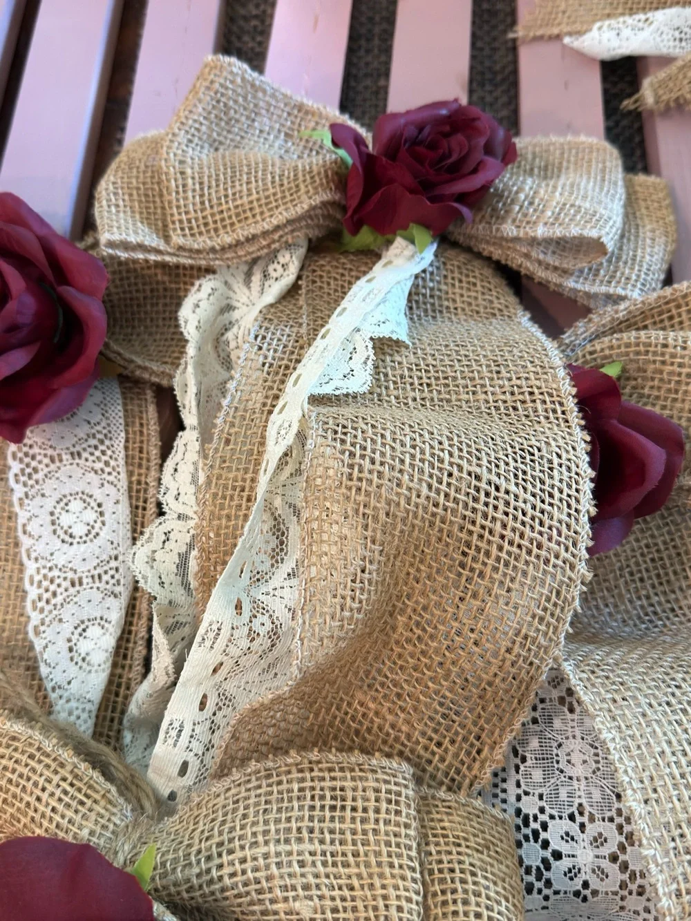 Rustic Burlap & Lace Pew Bow with Burgundy Rose - Set of 16 with Wood Stakes
